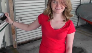 Legal age teenager angel engulfing a cock for money in the garage